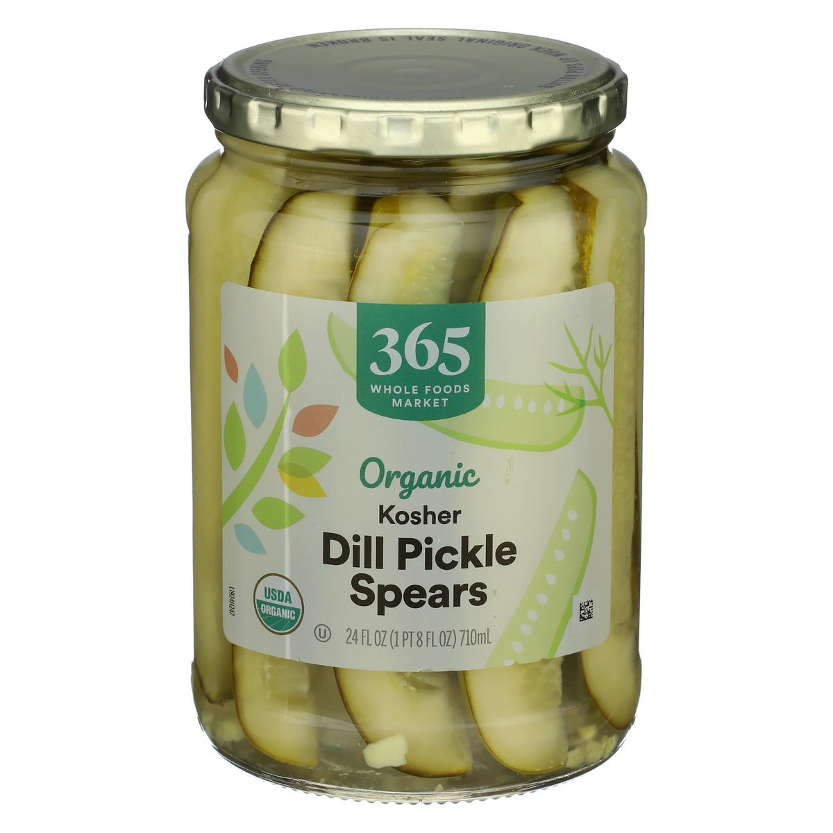365 by Whole Foods Market organic kosher dill pickle spears jar close-up, crisp texture