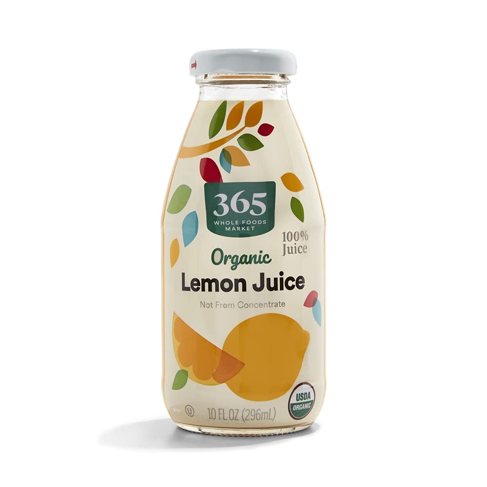 365 by Whole Foods Market organic lemon juice bottle adds bright flavor to recipes.
