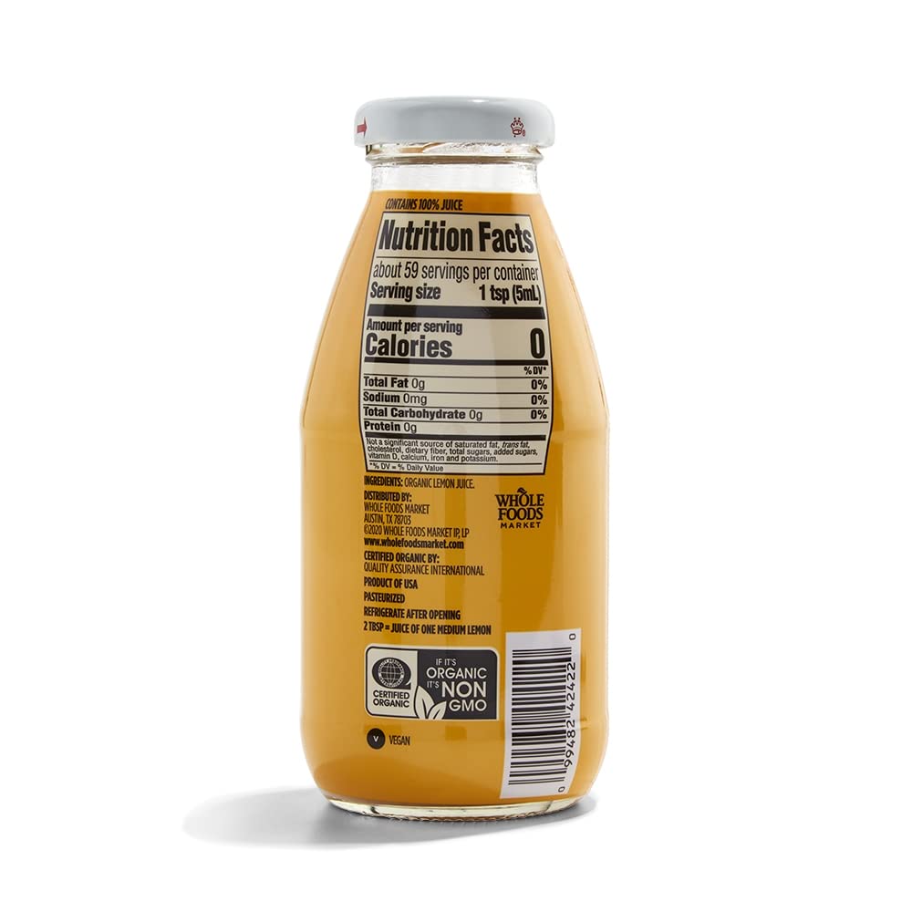 365 by Whole Foods Market organic lemon juice label shows USDA organic quality.