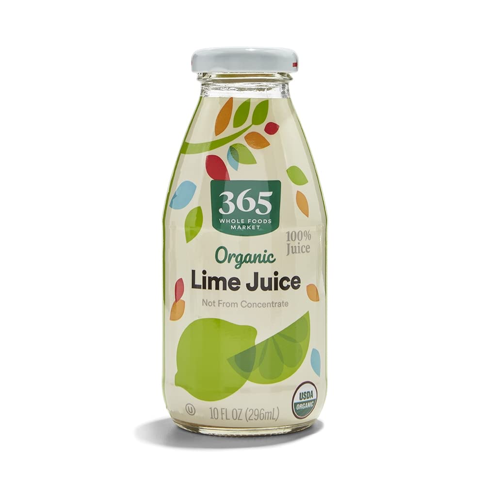 365 by Whole Foods Market organic lime juice bottle front with certification label.