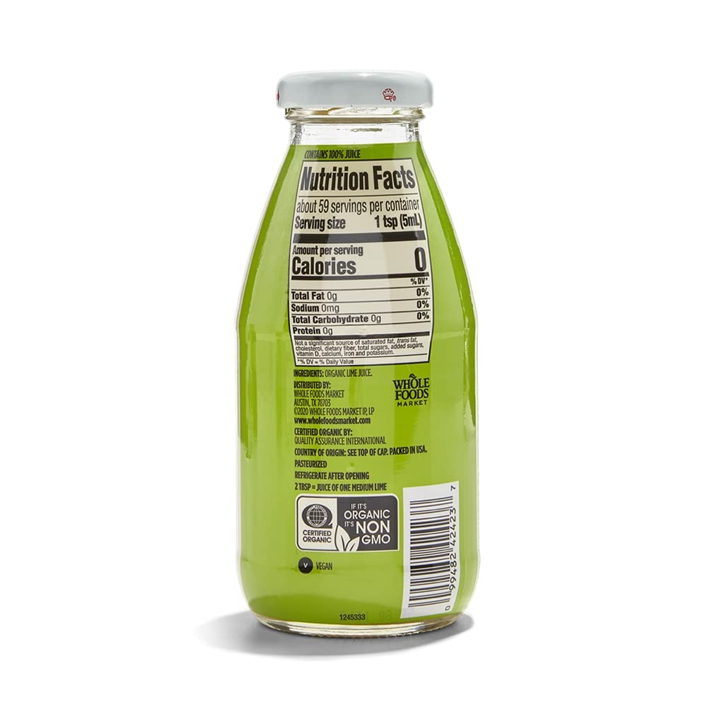 Close-up of the lime juice label on the 10oz bottle for trust and quality.
