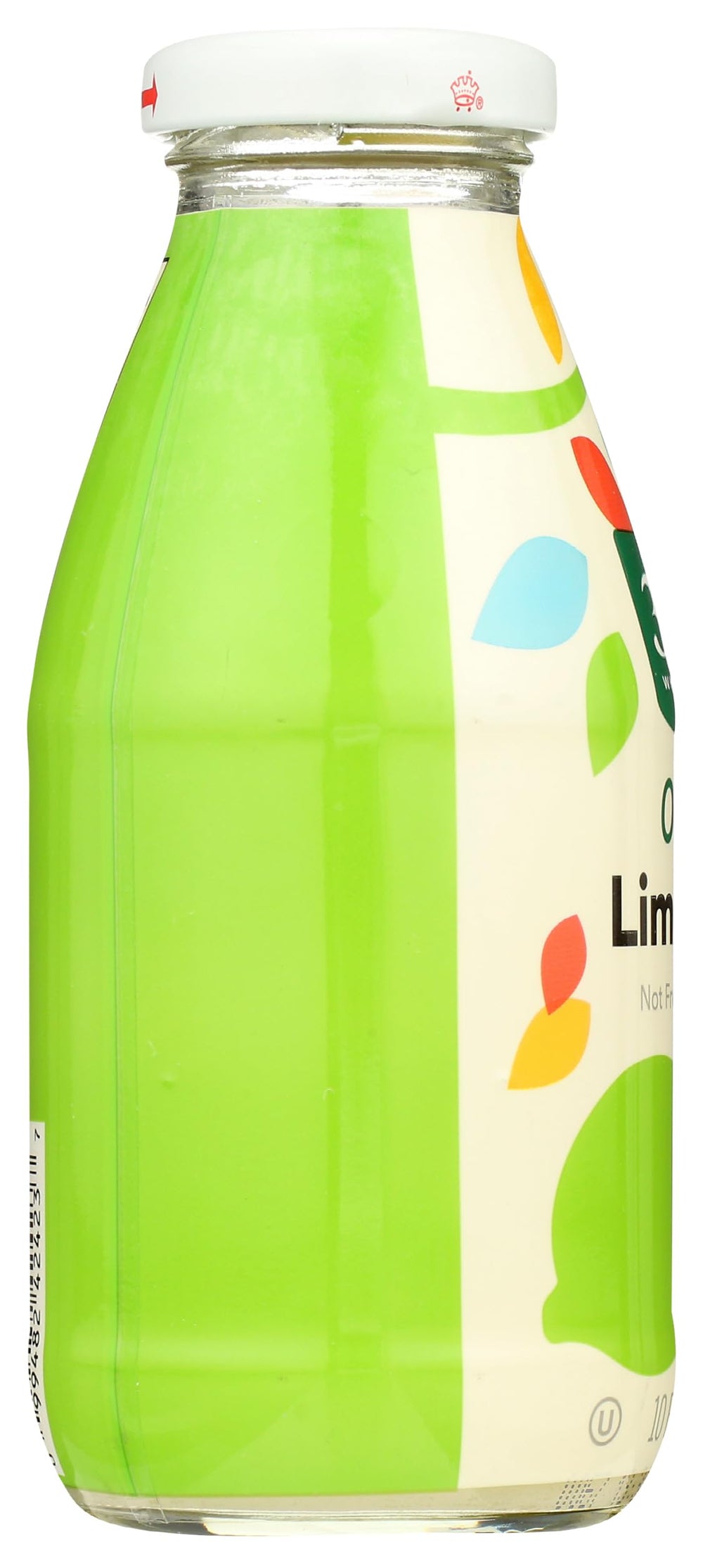 Side view of the lime juice bottle in a kitchen setup.