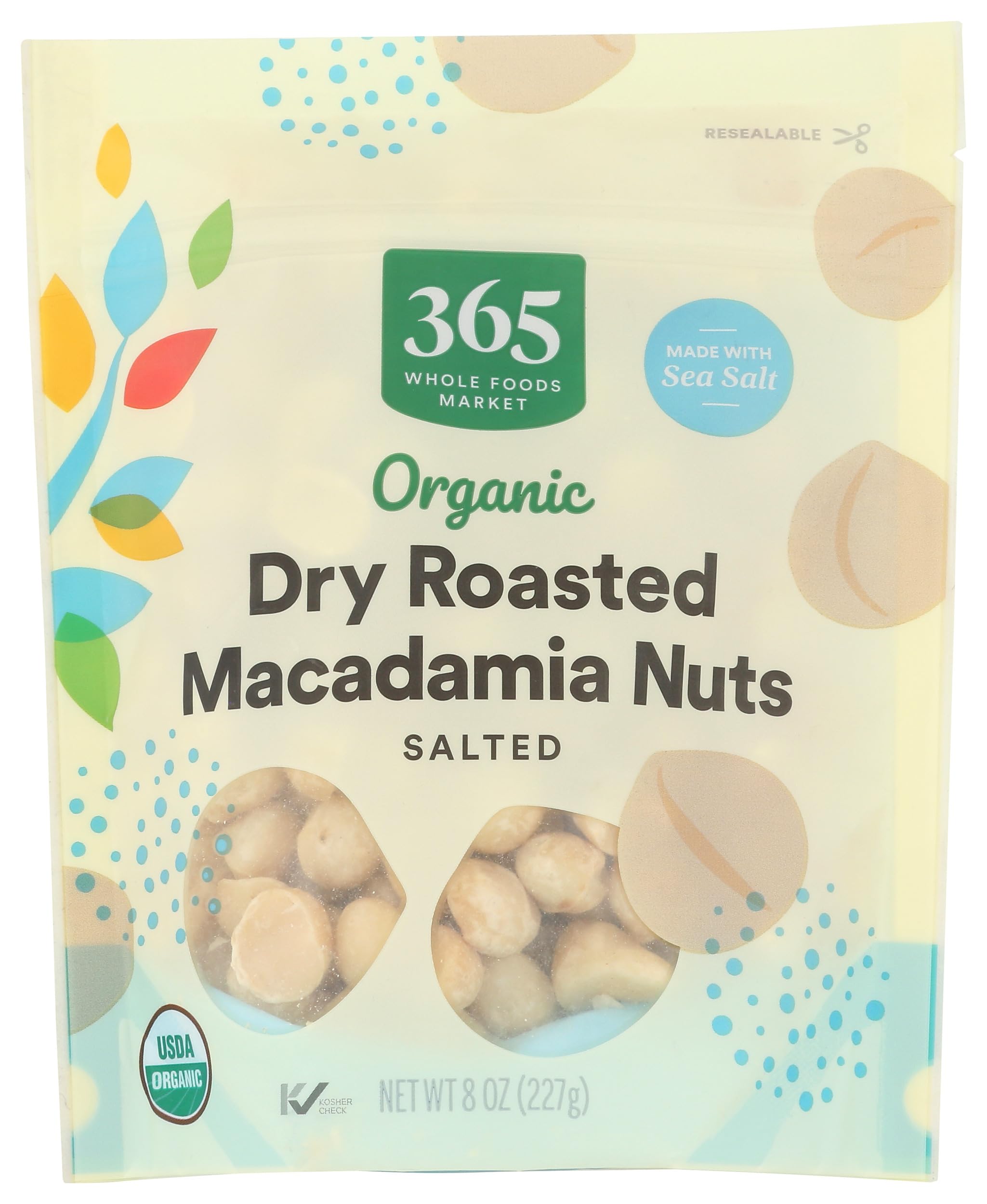 365 by Whole Foods Market organic macadamia nuts in an 8-ounce package, perfect quick snack.