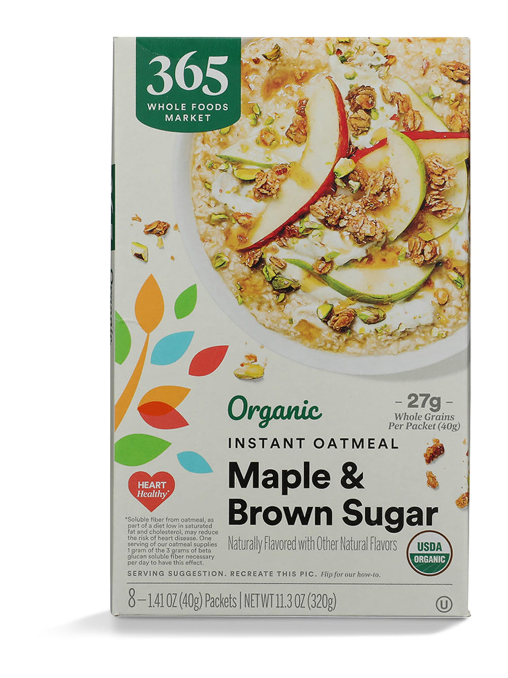 365 by Whole Foods Market organic maple brown sugar oatmeal packets front view for quick breakfasts