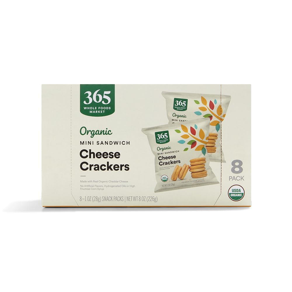 365 by Whole Foods Market organic mini cheese sandwich crackers front-pack shot, ideal lunchbox option.