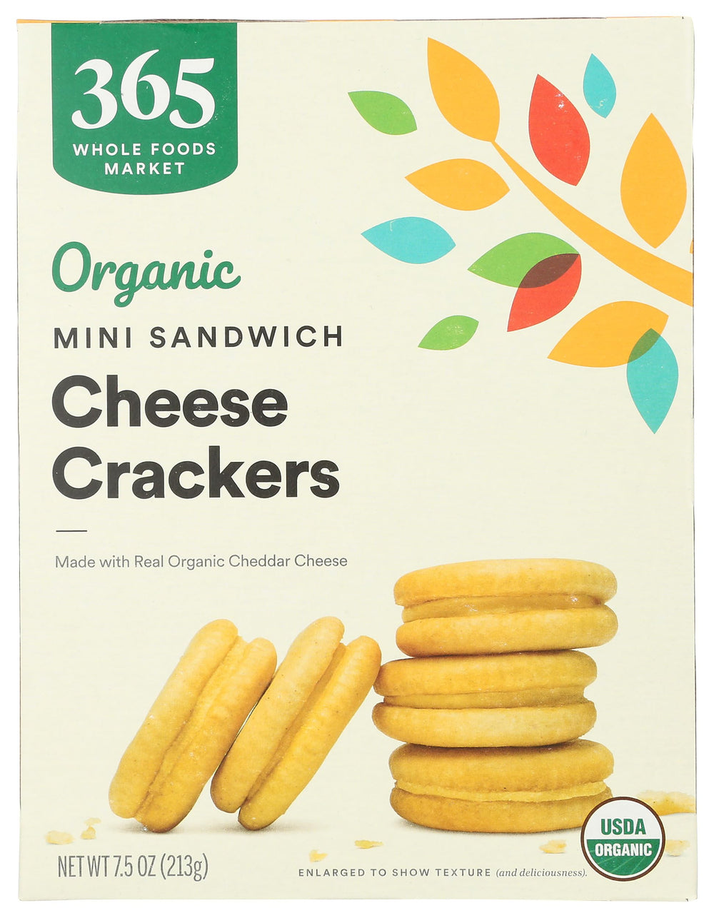 365 by Whole Foods Market organic mini cheese sandwich crackers packaging, convenient grab-and-go snack.