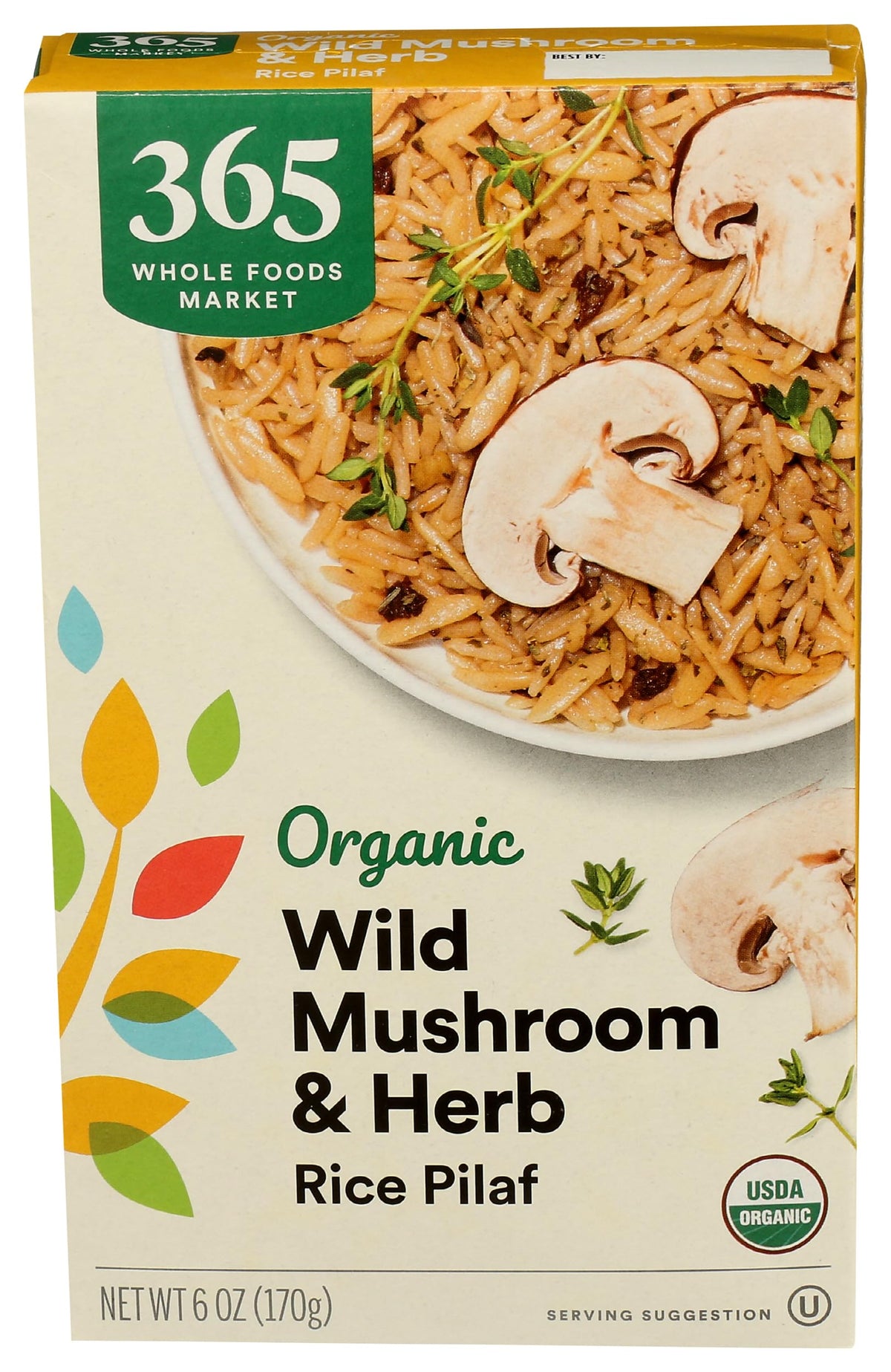 365 by Whole Foods Market Organic Mushroom and Herb Rice Pilaf packaging showing a convenient, ready-to-heat side.