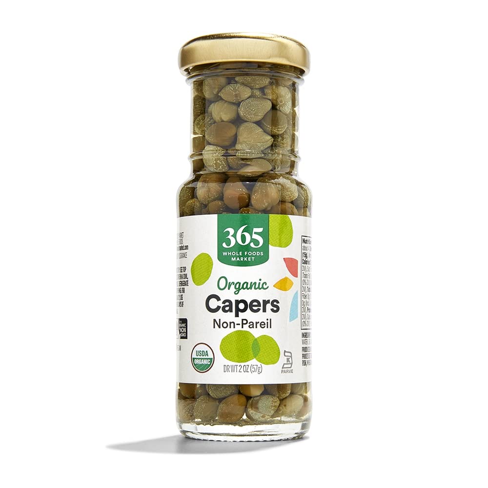 365 by Whole Foods Market organic Nonpareil capers in a bottle, ideal for quick briny accents.