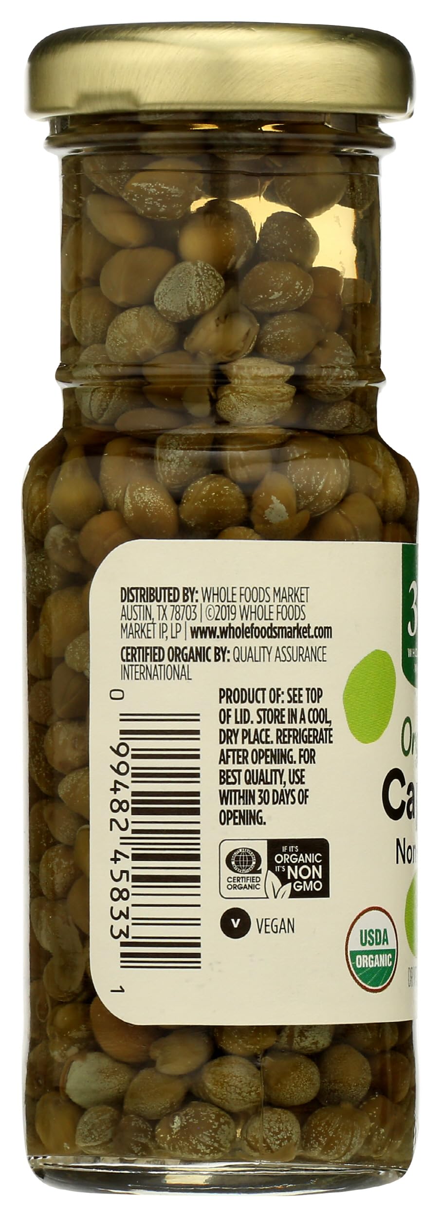365 by Whole Foods Market capers in brine jar, convenient pantry staple for Mediterranean dishes.