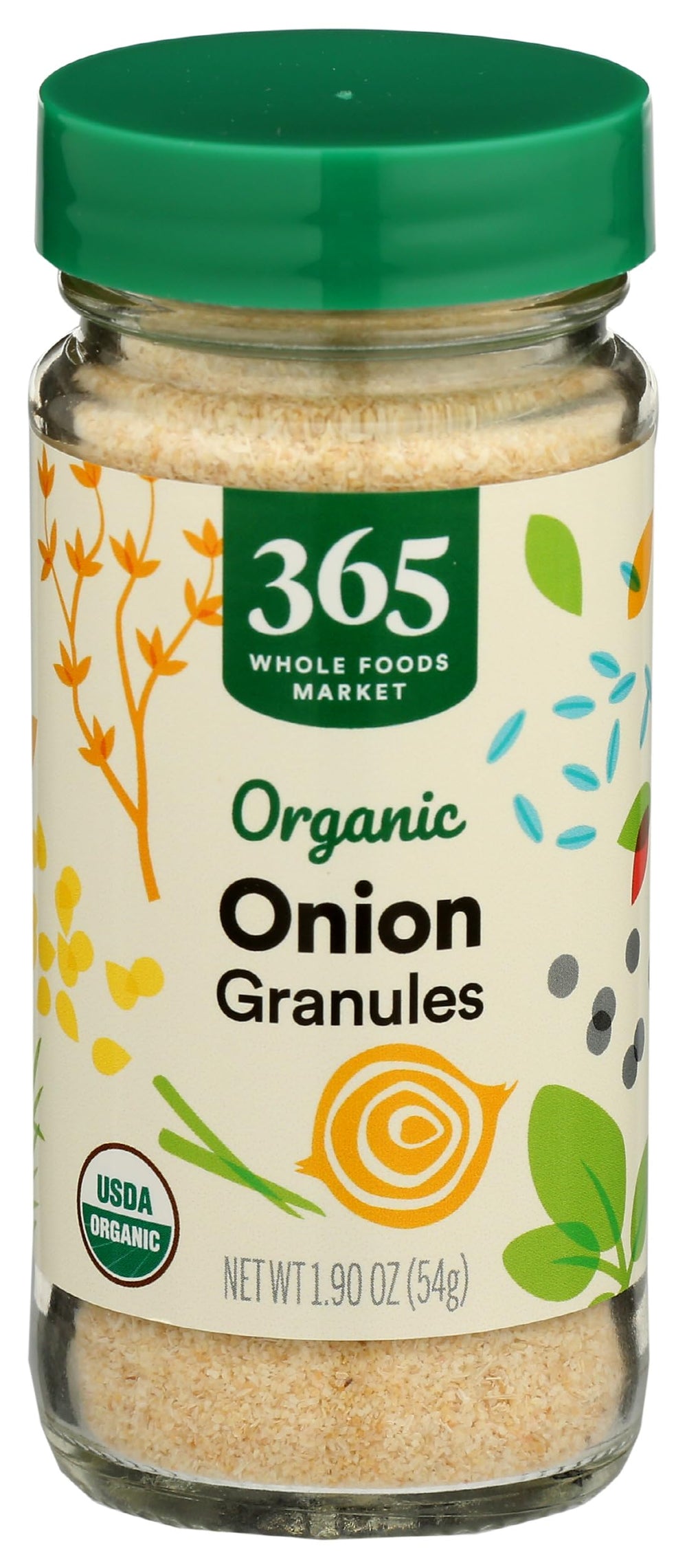 365 by Whole Foods Market Organic Onion Granules label shows organic certification.