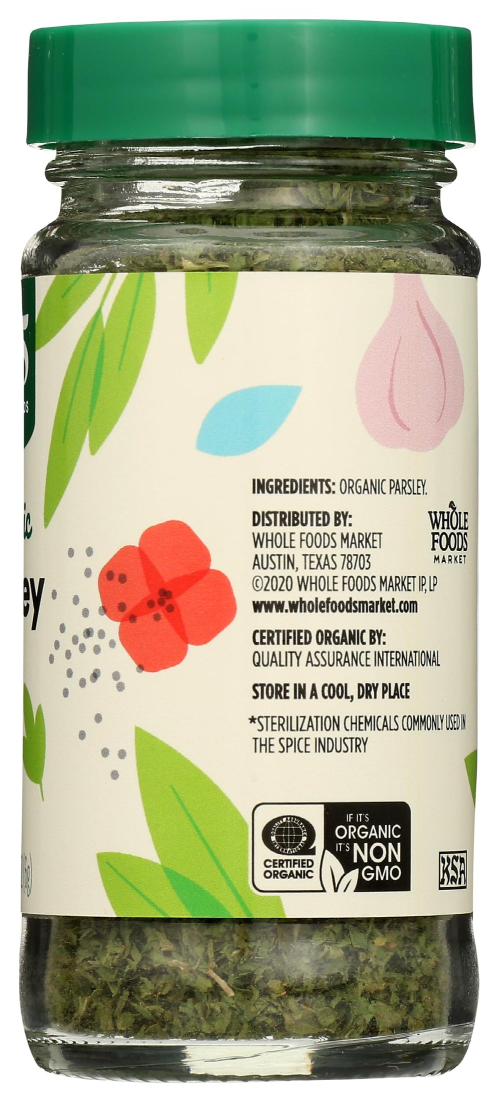 365 organic parsley packaging, Kosher certified for easy pantry storage.