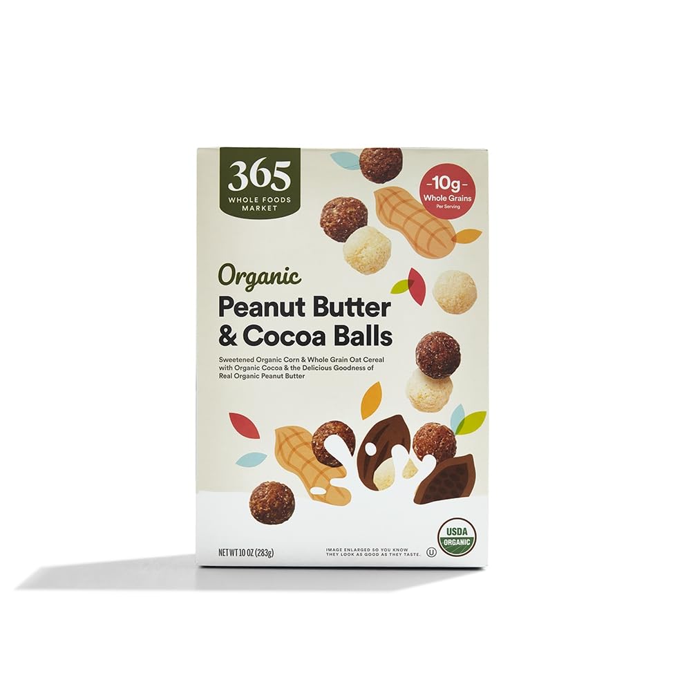 365 by Whole Foods Market cereal box with organic peanut butter and cocoa balls, quick breakfast.