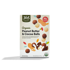 365 by Whole Foods Market cereal box with organic peanut butter and cocoa balls, quick breakfast.