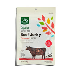 365 by Whole Foods Market organic peppered beef jerky 3-ounce pack, protein-packed snack on the go.