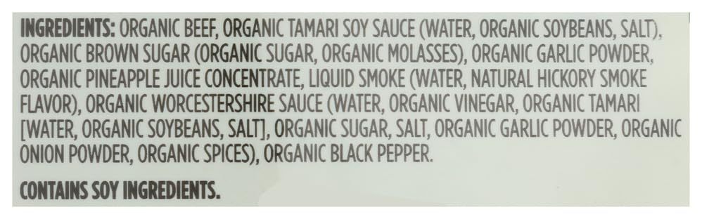 365 by Whole Foods Market peppered beef jerky ingredients highlight organic soy sauce and pepper.