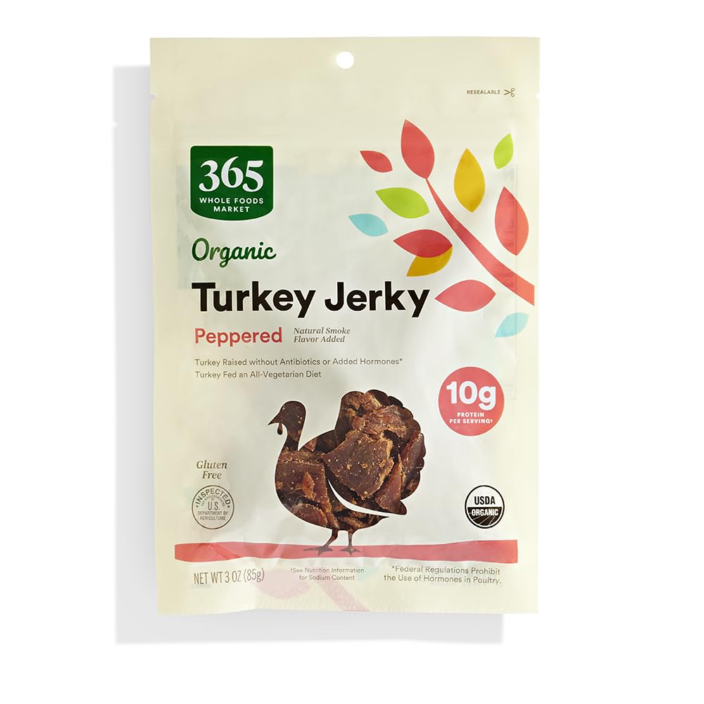 365 by Whole Foods Market Organic Peppered Turkey Jerky front packshot highlighting ready-to-eat protein snack.