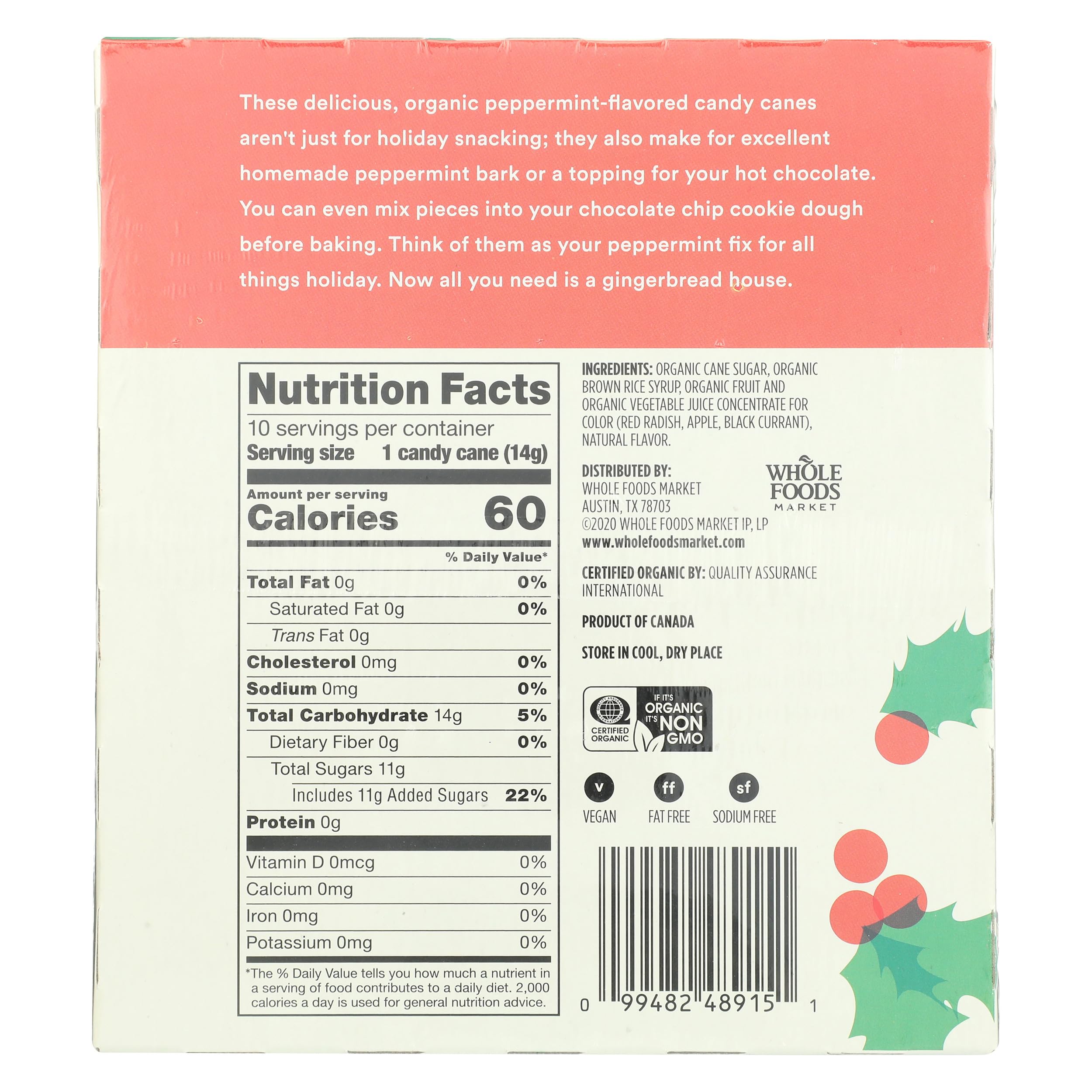 Close-up of 365 by Whole Foods Market peppermint candy cane highlighting organic flavor
