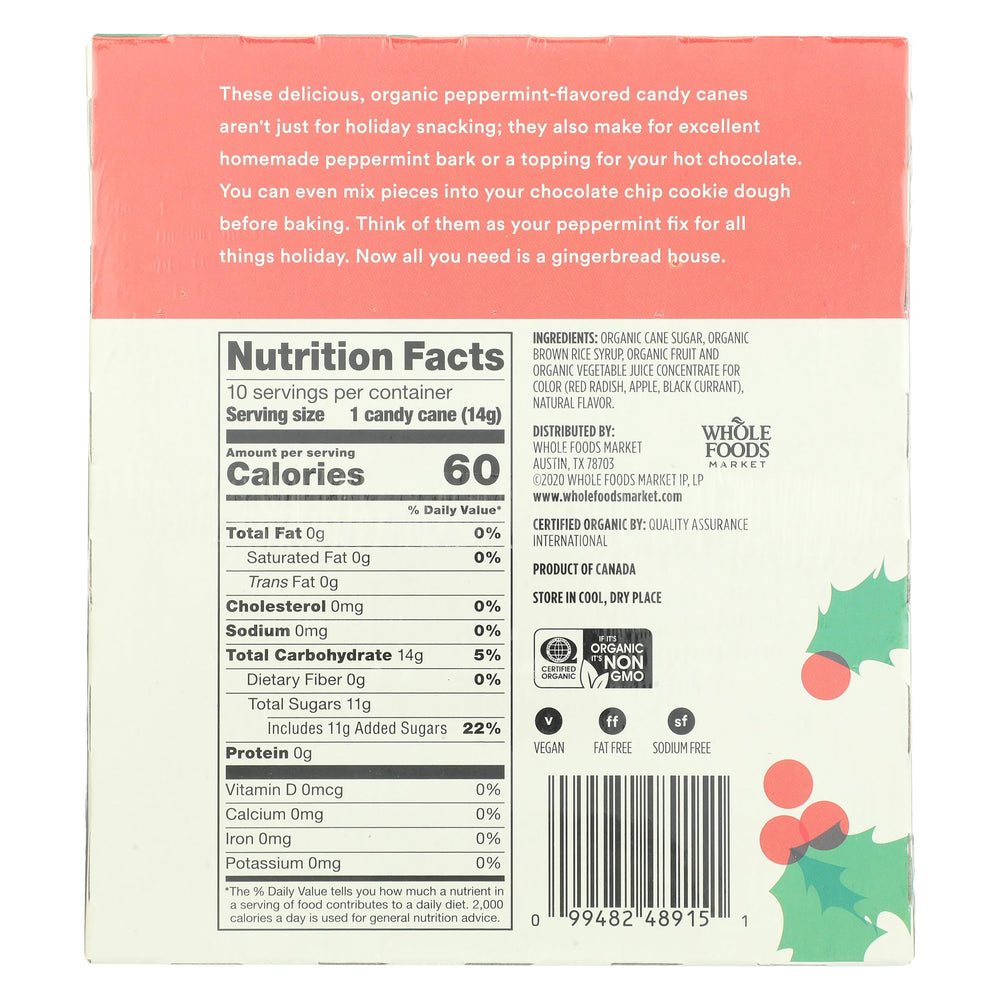 Close-up of 365 by Whole Foods Market peppermint candy cane highlighting organic flavor