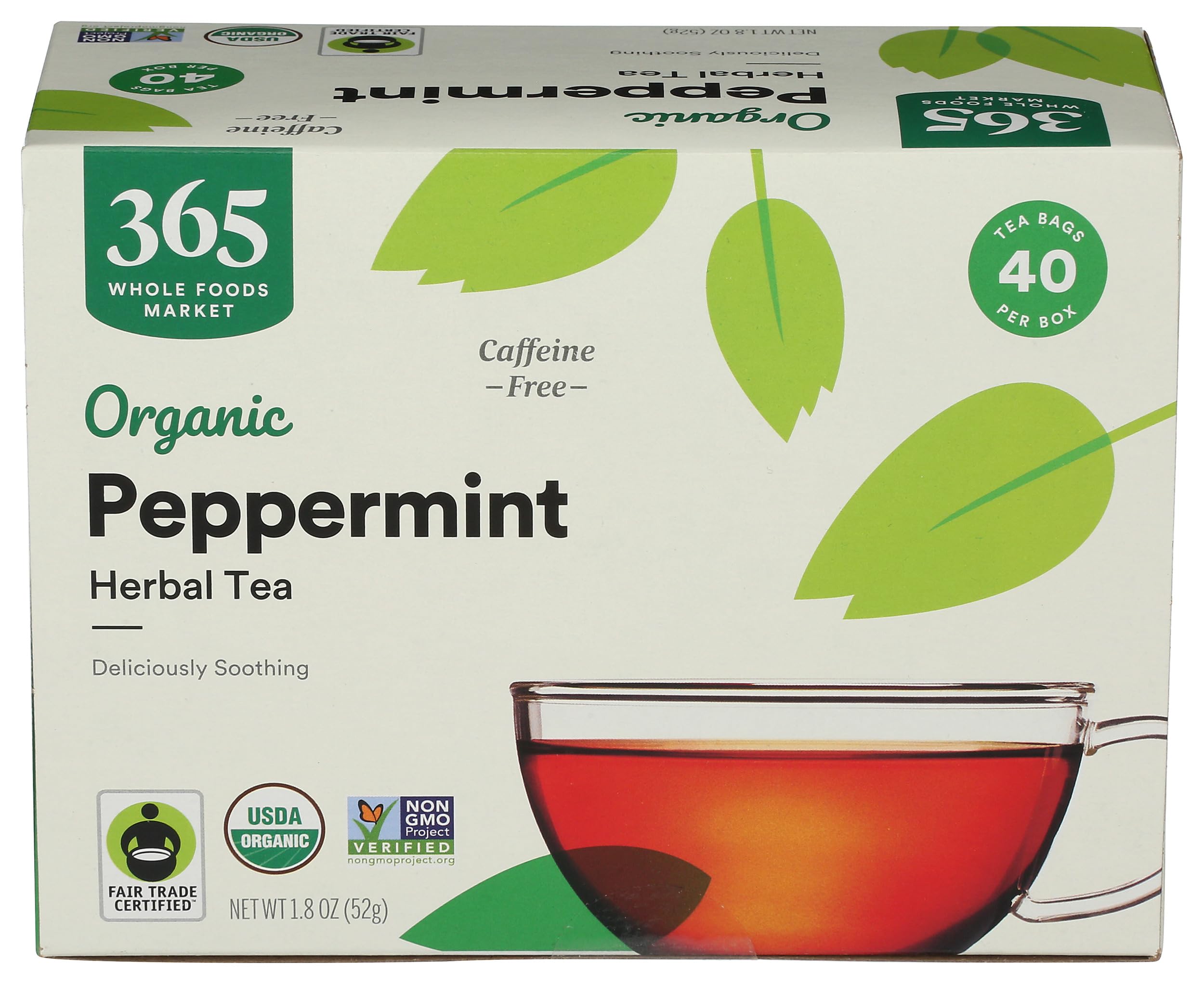 365 by Whole Foods Market organic peppermint tea box front showing 40 bags