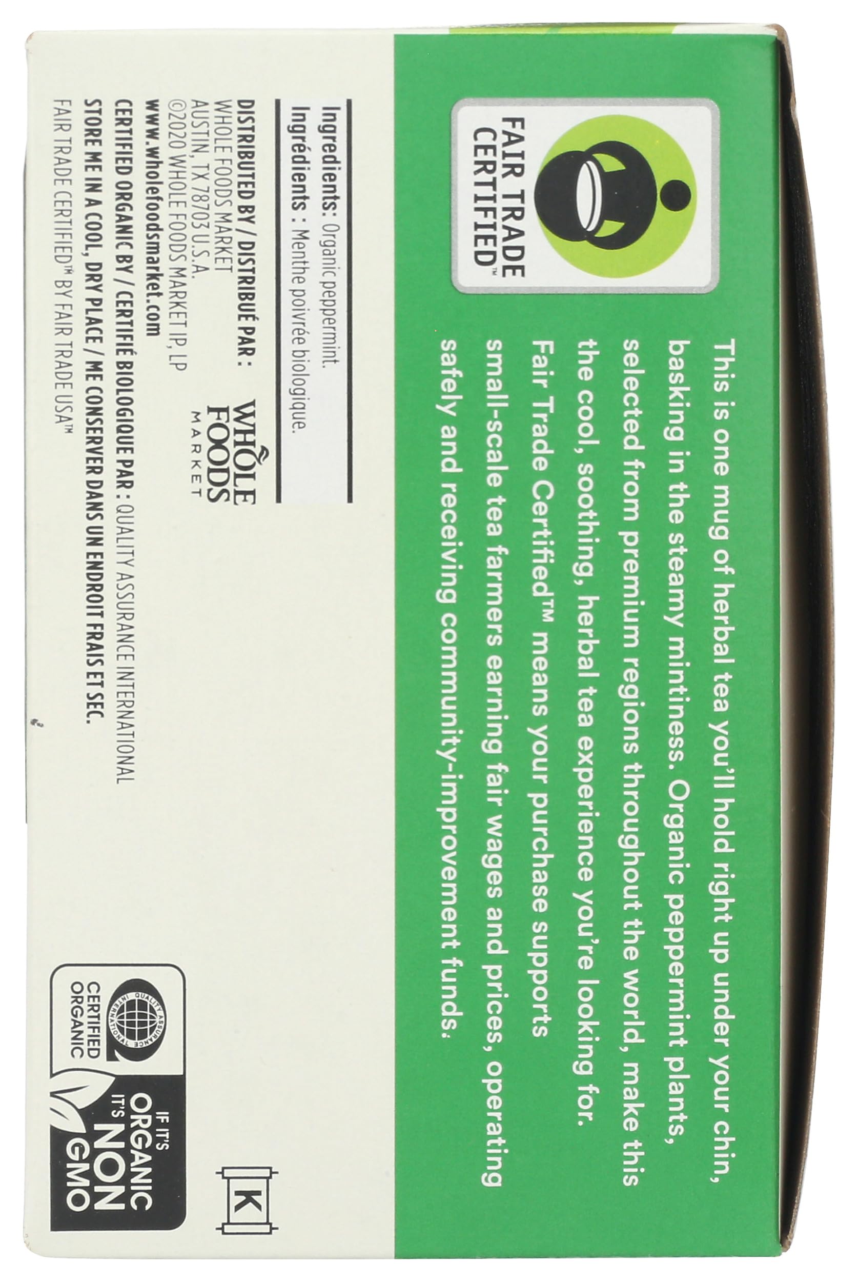 Close-up of 365 by Whole Foods Market peppermint tea bags with organic label