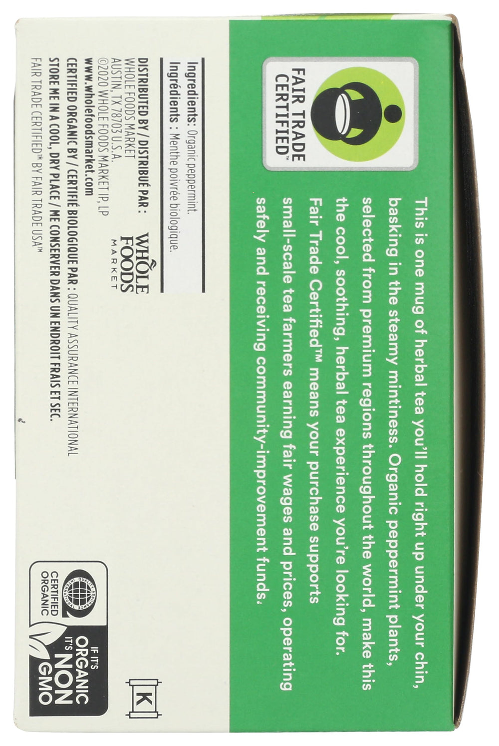 Close-up of 365 by Whole Foods Market peppermint tea bags with organic label