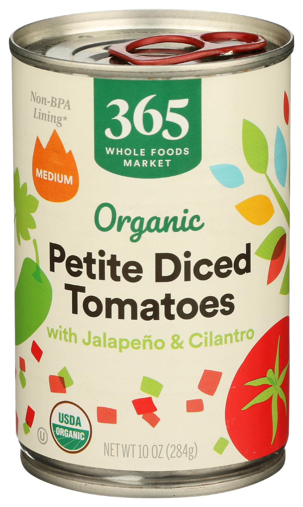 365 by Whole Foods Market organic petite diced tomatoes with jalapeño and cilantro can shows vibrant color for quick salsas