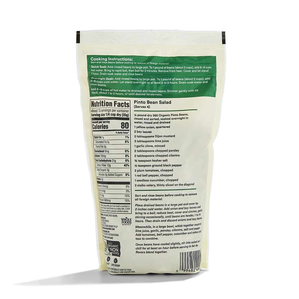 365 by Whole Foods Market organic pinto beans 16oz close-up label highlights clean ingredients