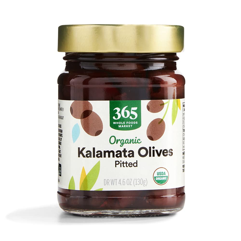 365 by Whole Foods Market organic pitted Kalamata olives front label for pantry staple.