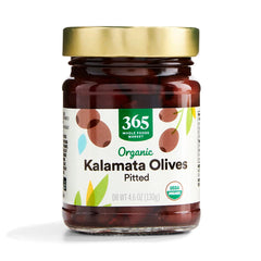 365 by Whole Foods Market organic pitted Kalamata olives front label for pantry staple.