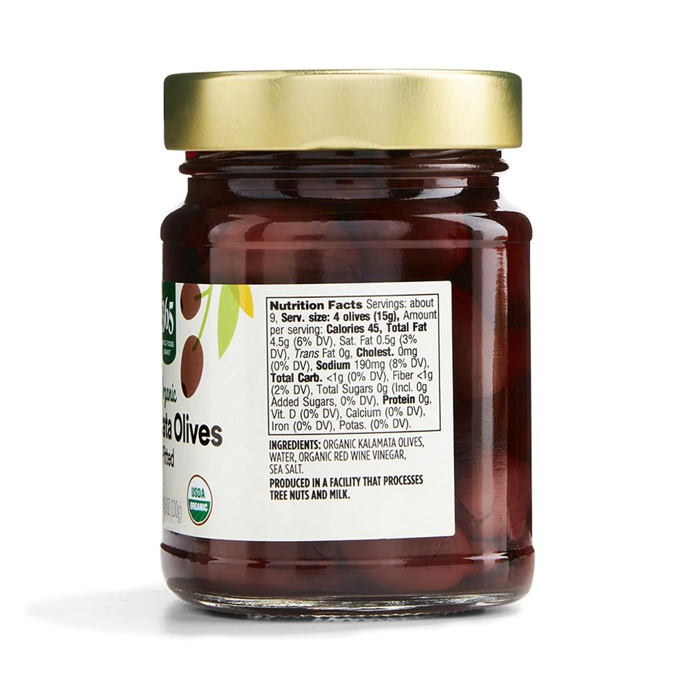 365 by Whole Foods Market organic pitted Kalamata olives jar open reveals premium Greek flavor.