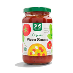 365 by Whole Foods Market Organic Pizza Sauce bottle highlighting rich tomato flavor for quick pizzas