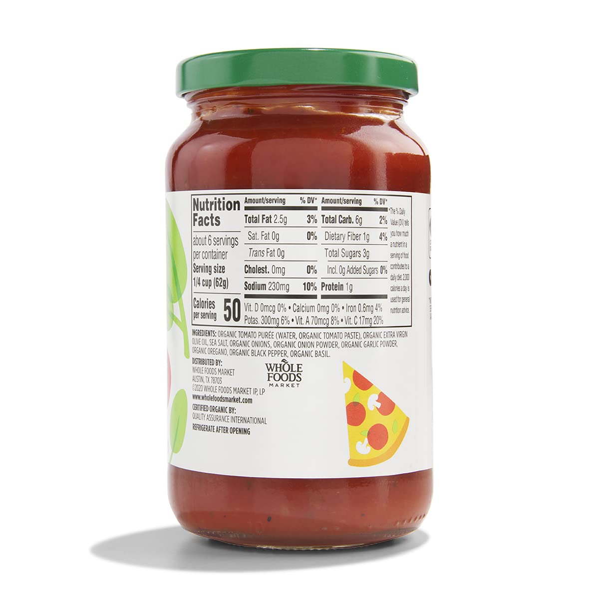 365 by Whole Foods Market Organic Pizza Sauce closeup label shows no sugar added for mindful cooking