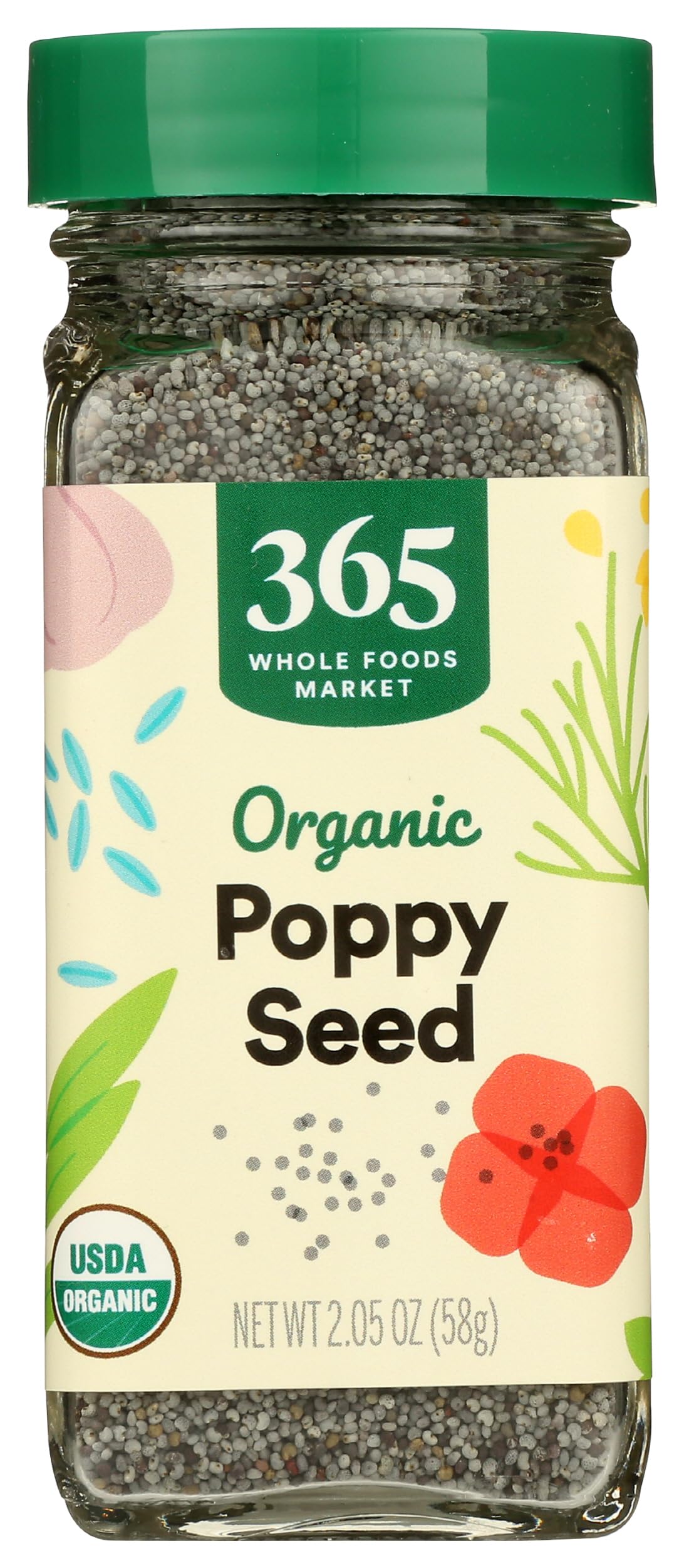 365 by Whole Foods Market organic poppy seeds in a resealable jar for easy baking.