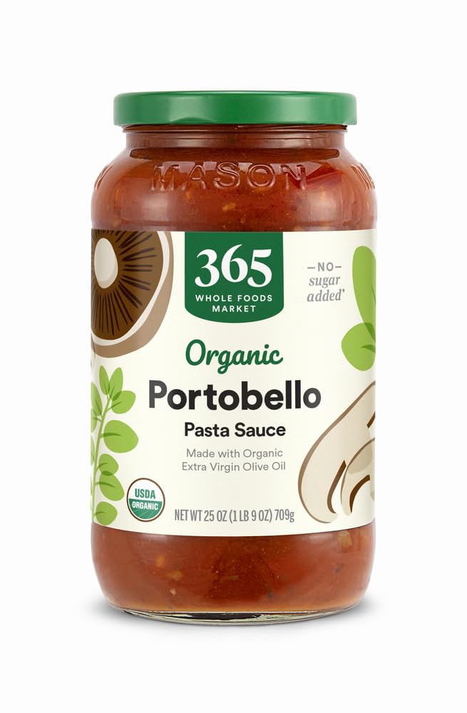 365 by Whole Foods Market organic portobello mushroom pasta sauce bottle, rich and ready to enrich pasta dishes.