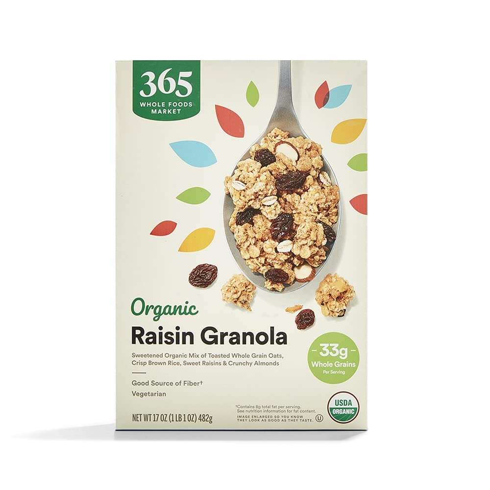 365 by Whole Foods Market organic raisin granola bowl shows crunchy texture for a quick breakfast