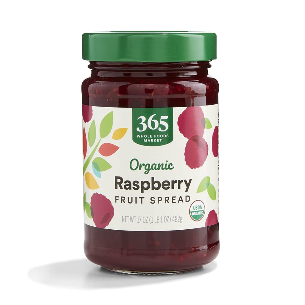 365 by Whole Foods Market organic raspberry fruit spread jar front, rich flavor for toast
