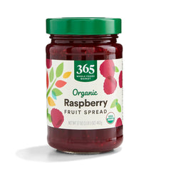365 by Whole Foods Market organic raspberry fruit spread jar front, rich flavor for toast