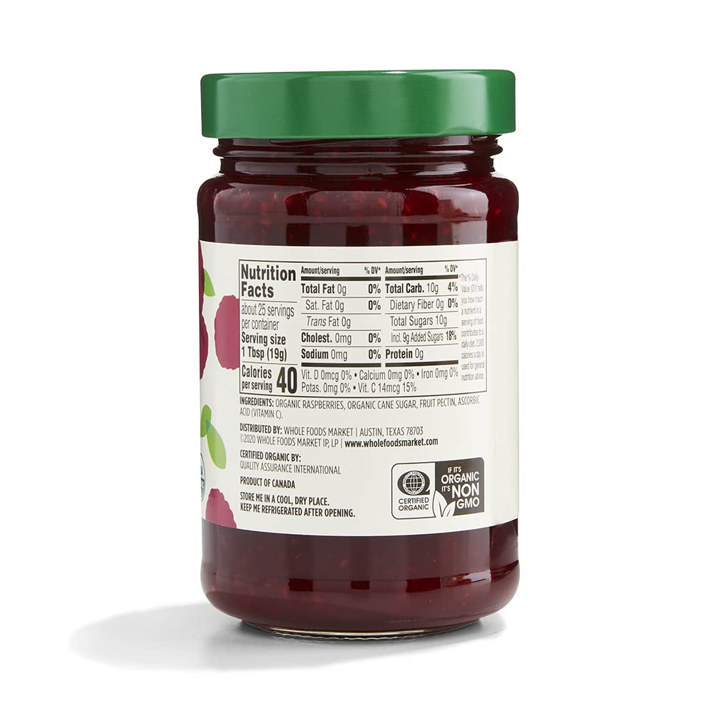 365 by Whole Foods Market organic raspberry fruit spread open jar, no artificial flavors