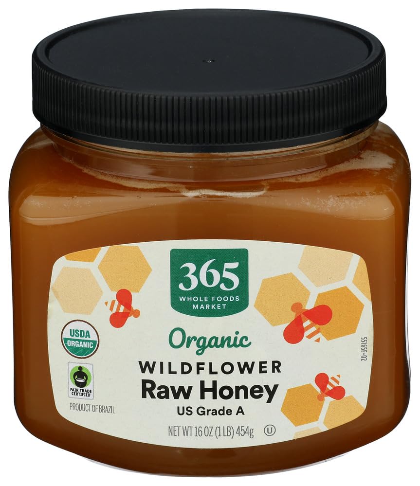 365 by Whole Foods Market organic raw wildflower honey bottle front view for baking flavor.