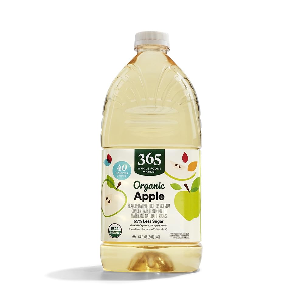 365 by Whole Foods Market reduced-sugar apple juice bottle pour for family mornings