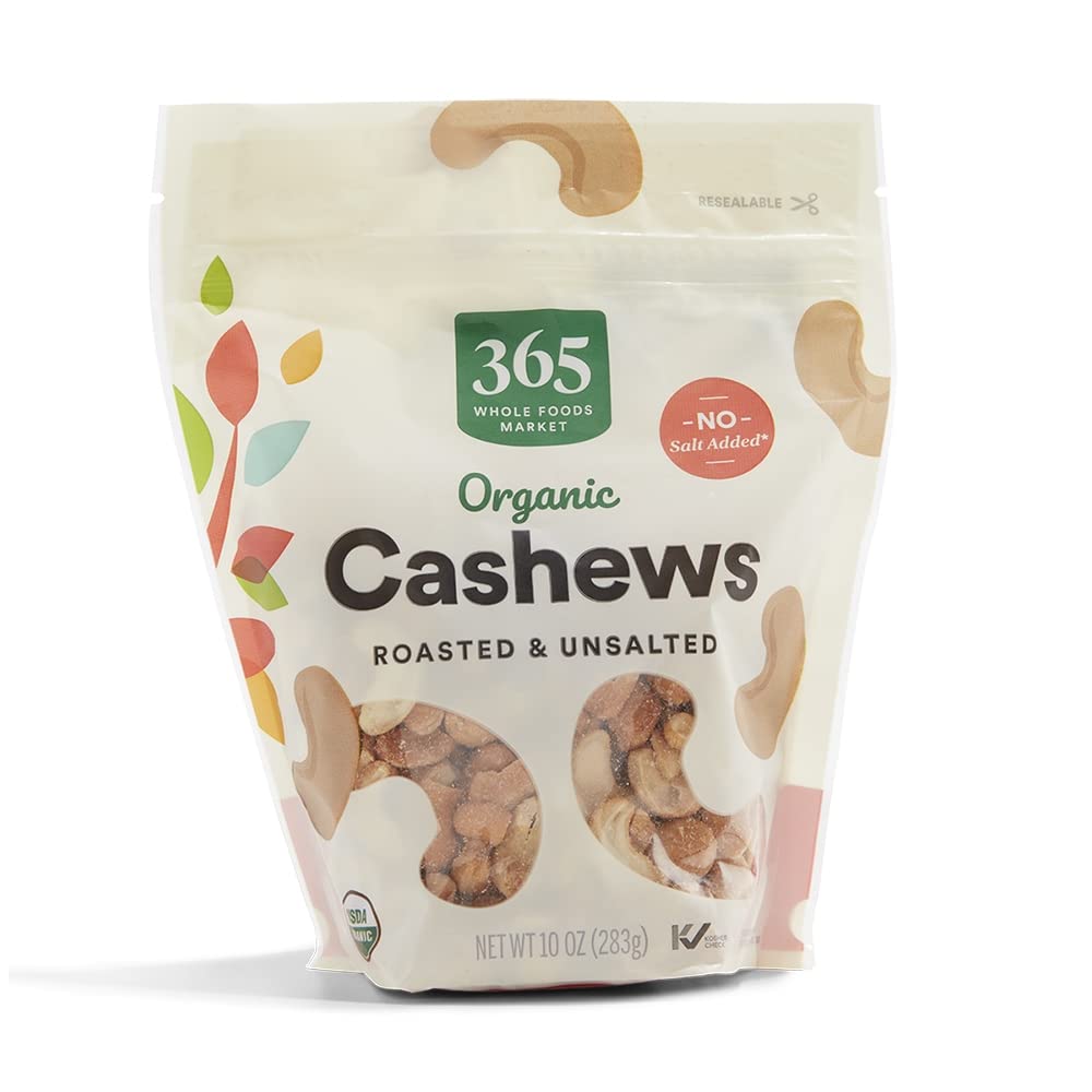 365 by Whole Foods Market organic roasted cashews, front view in a resealable bag for fresh snacking.