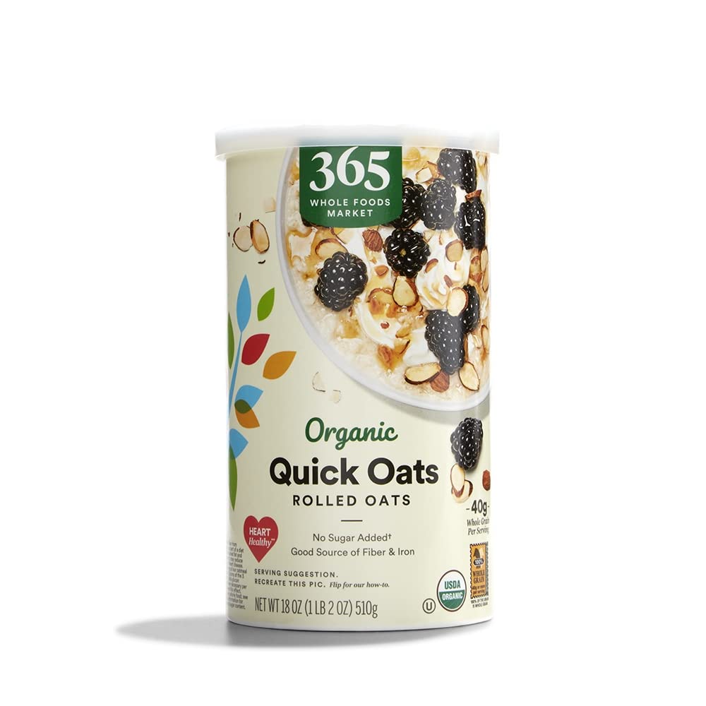 365 by Whole Foods Market organic rolled quick oats packaging—simple pantry staple for quick breakfasts.