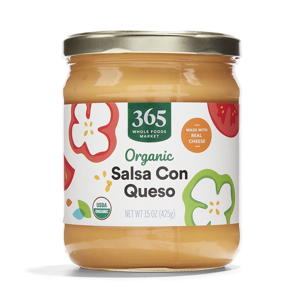 365 by Whole Foods Market Organic Salsa Con Queso 15oz bottle ready for dipping and sharing.