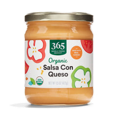 365 by Whole Foods Market Organic Salsa Con Queso 15oz bottle ready for dipping and sharing.