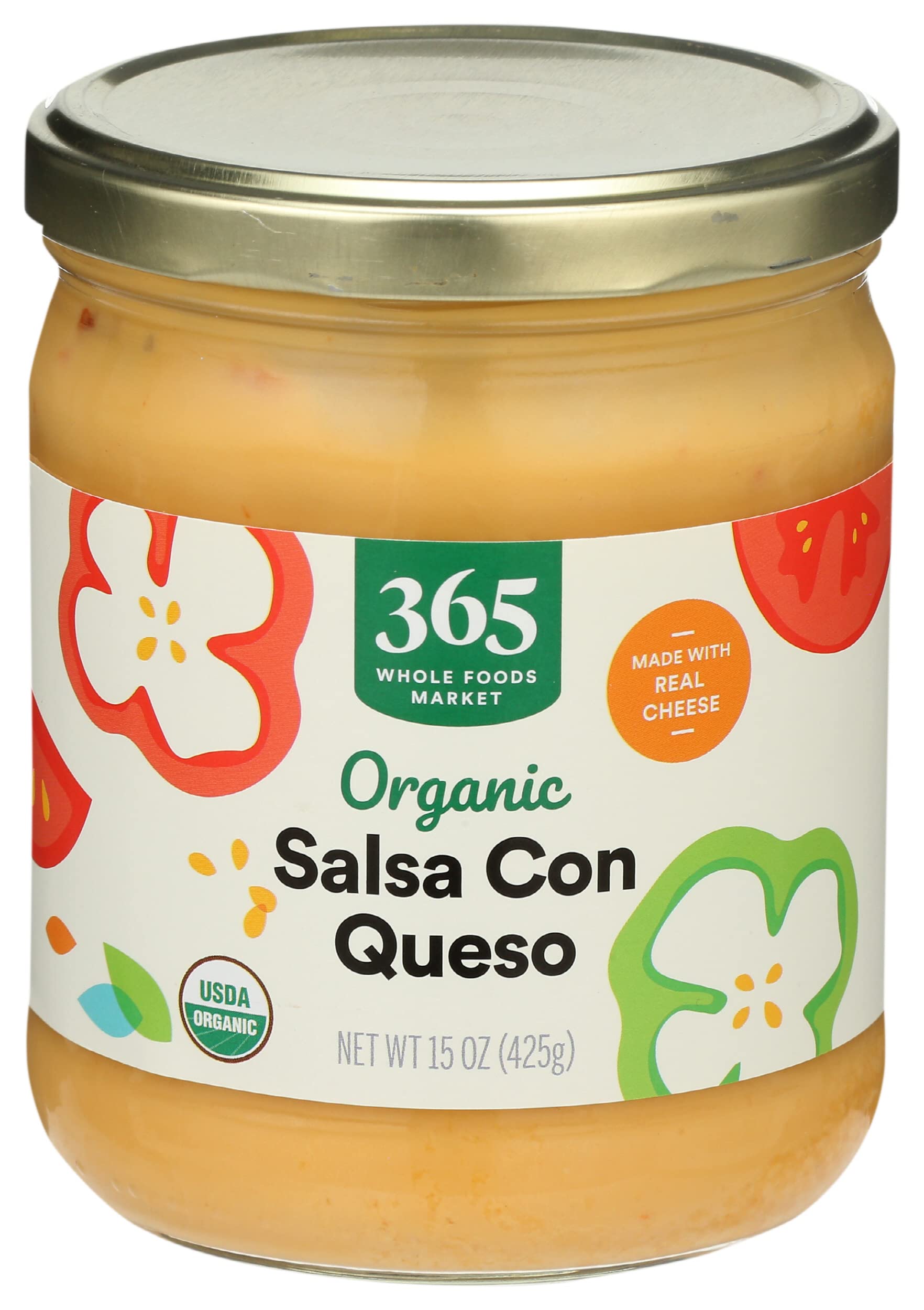 Close-up of ingredients in 365 by Whole Foods Market Organic Salsa Con Queso 15oz.