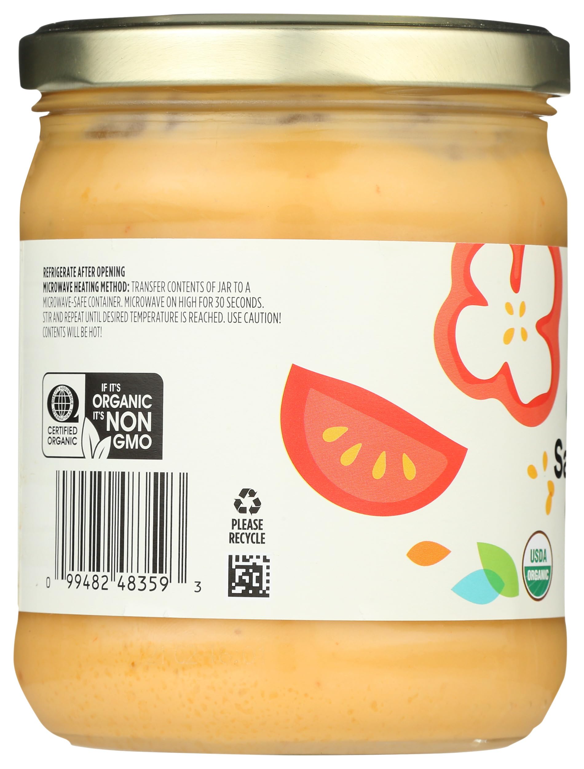 Label close-up of 365 by Whole Foods Market Organic Salsa Con Queso 15oz emphasizing organic sourcing.