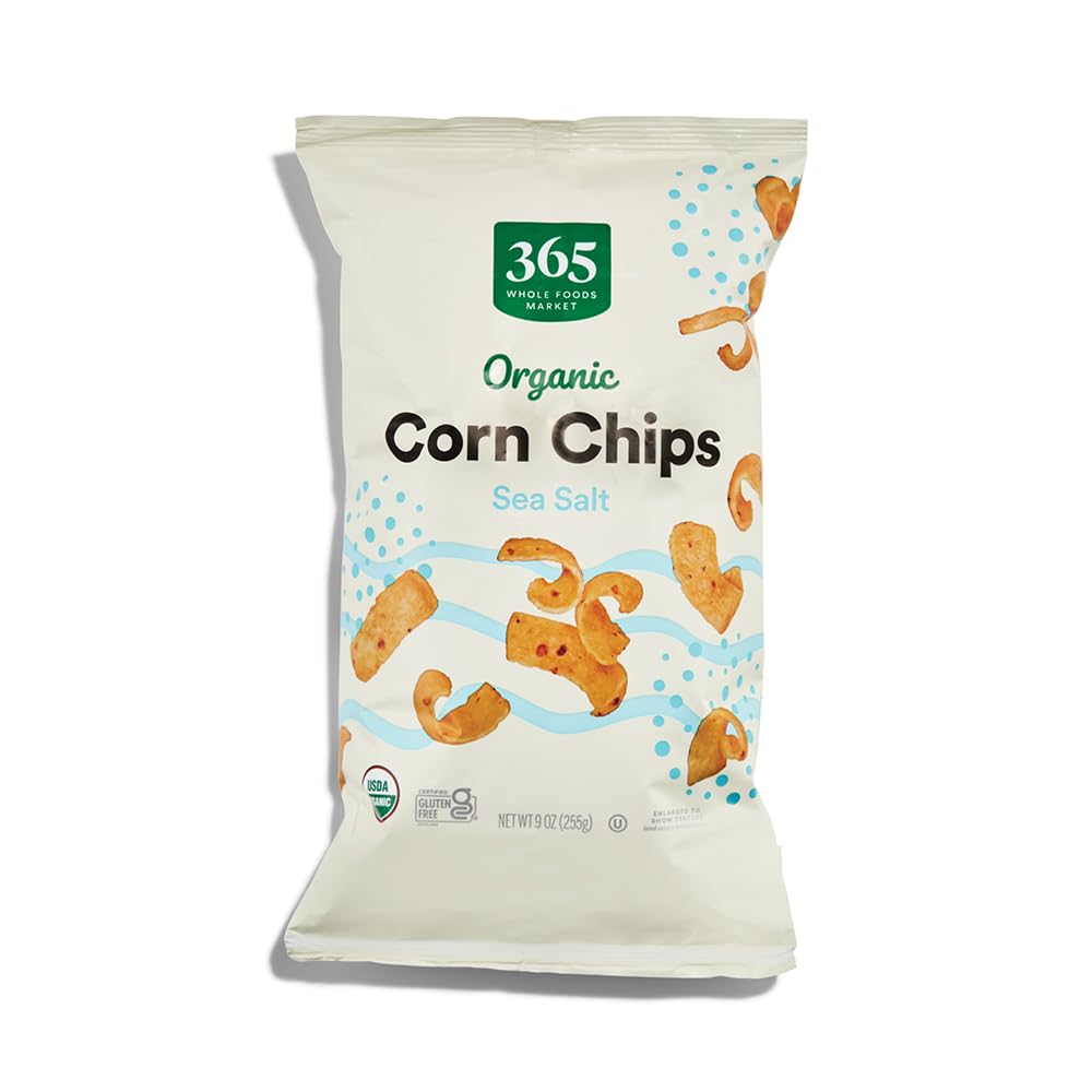 365 by Whole Foods Market organic sea salt corn chips pack shot for snacking.