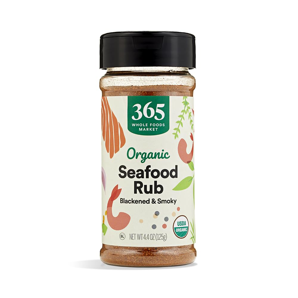 365 by Whole Foods Market organic seafood spice rub tub close-up for flavorful seafood seasoning.