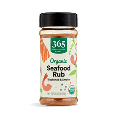 365 by Whole Foods Market organic seafood spice rub tub close-up for flavorful seafood seasoning.