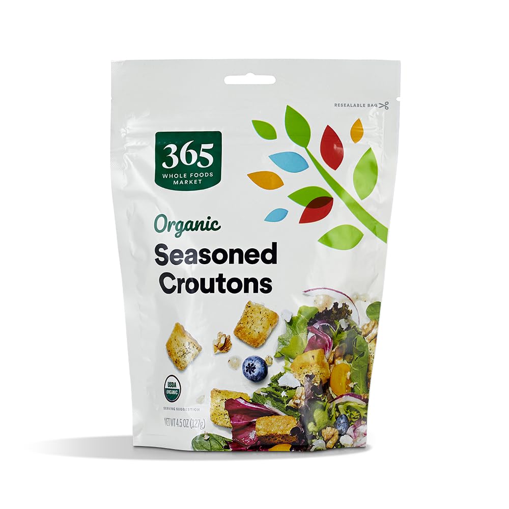 365 by Whole Foods Market organic seasoned croutons in package; ideal crunchy salad topping.